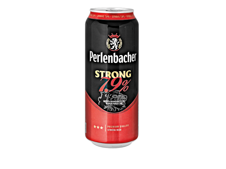 Black and red strong beer can with 7.9% alcohol and a lion.