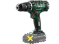 Green and black cordless drill with a gray battery.