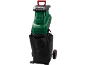 Green garden shredder with a red handle and a black collection bag with wheels.