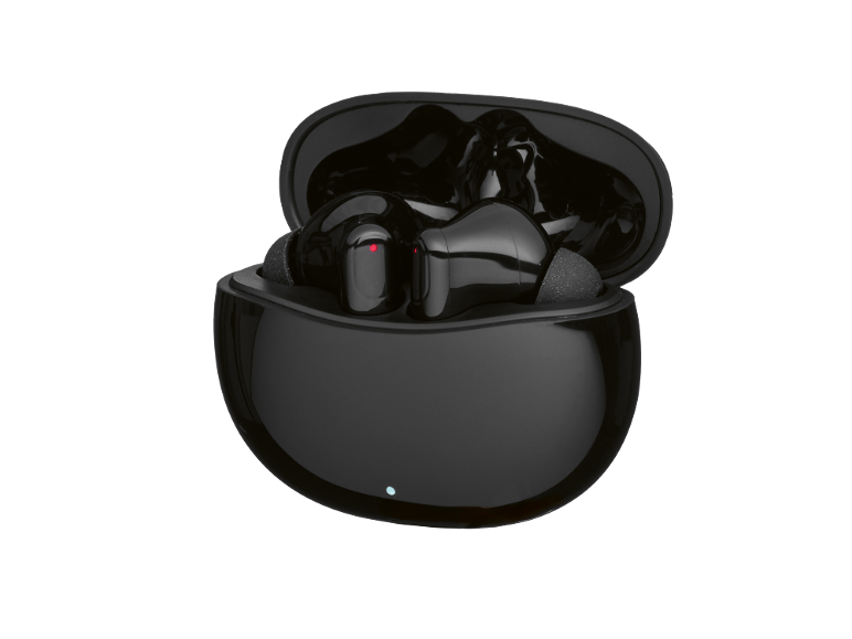 Black wireless earbuds in an open charging case with a red indicator light