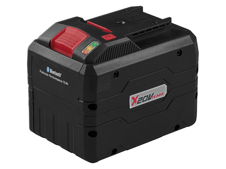 Power tool battery 12 Ah with Bluetooth and charge indicator.