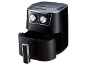 Black air fryer with silver accents, temperature and timer dials, and an open basket.