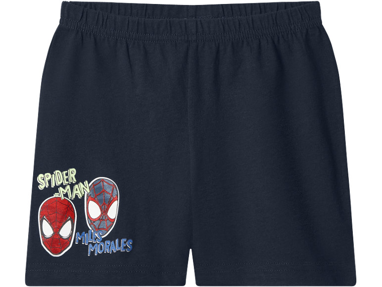 Navy blue pajama shorts with Spider-Man and Miles Morales masks.