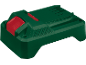 Green rechargeable battery with red button for power tools.