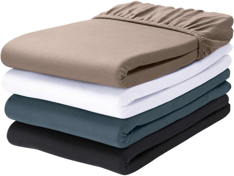 Stack of four fitted sheets in different colors: beige, white, blue, and black.