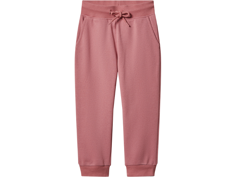 Women's pink sweatpants with elastic waistband and drawstring.
