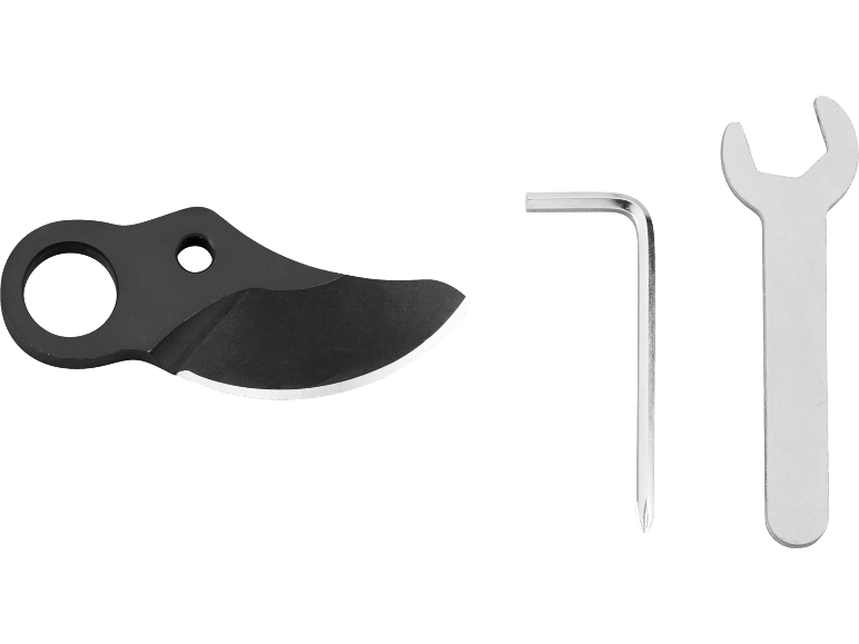 Pruner blade, hex key, and open-end wrench on a black background.