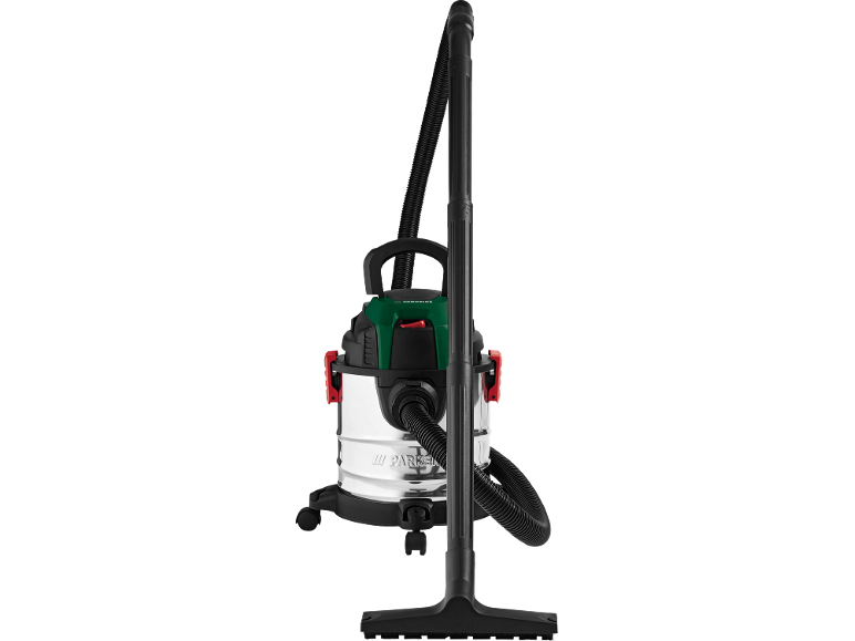 Wet/dry vacuum cleaner with a metal container and accessories.