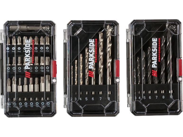 Drill bit and screwdriver bit sets in clear cases.