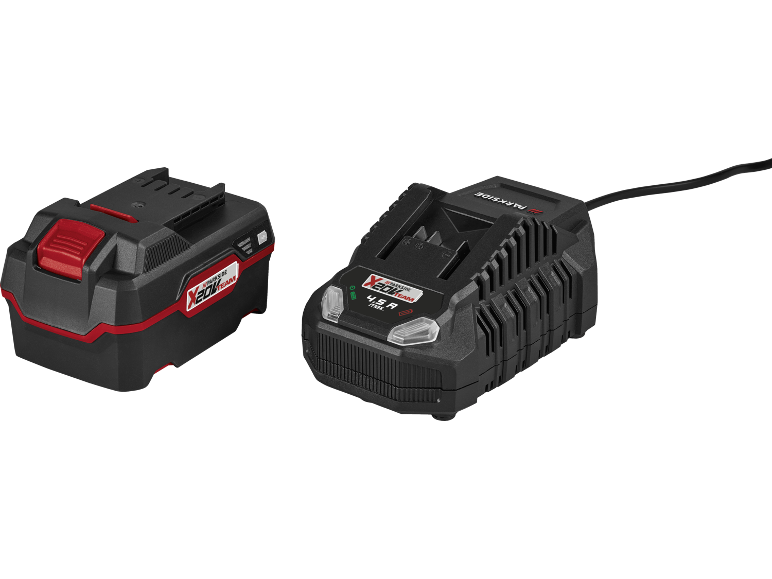 A black and red power tool battery and a black charger with a cable.