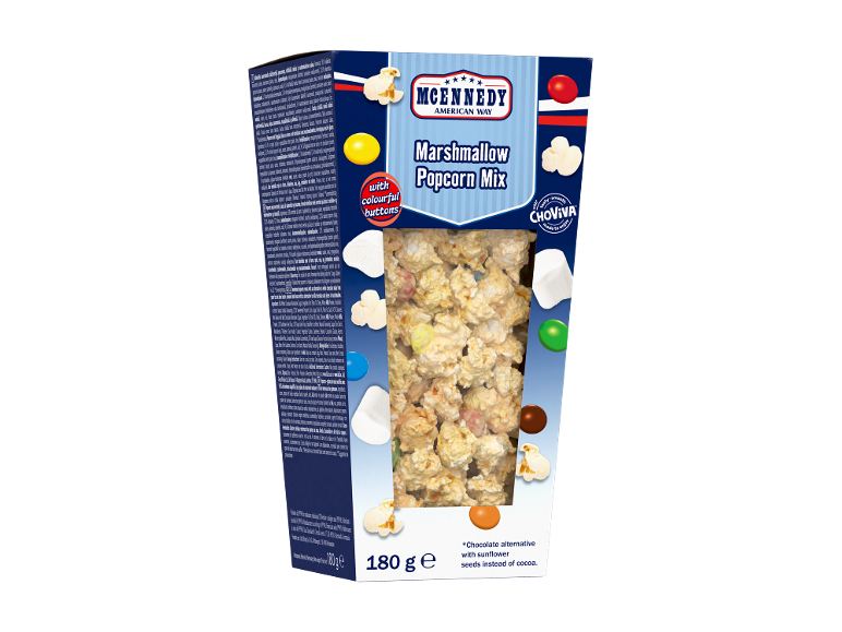 A box of marshmallow popcorn mix with colorful buttons and chocolate alternative.