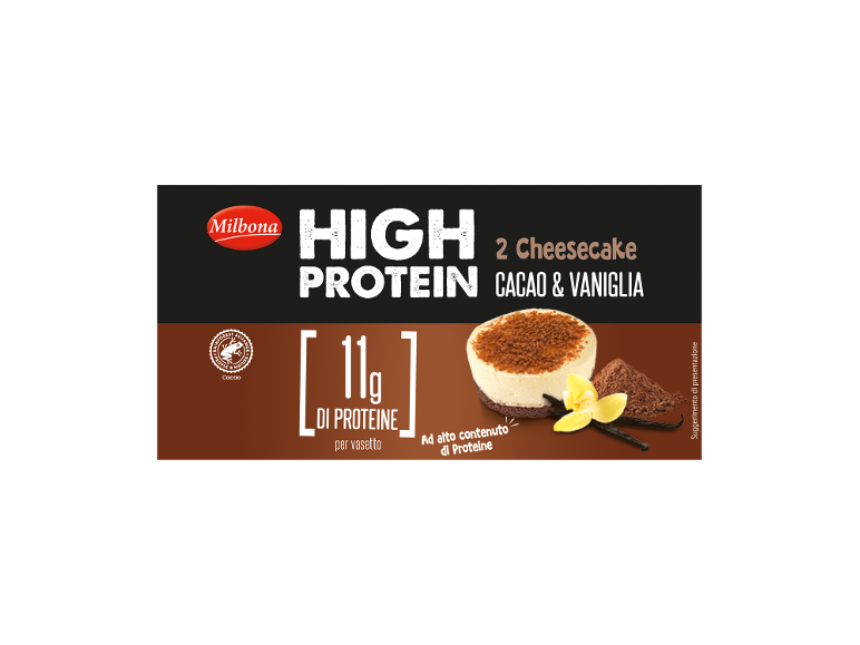 High protein cocoa & vanilla cheesecake, 11g of protein per serving.