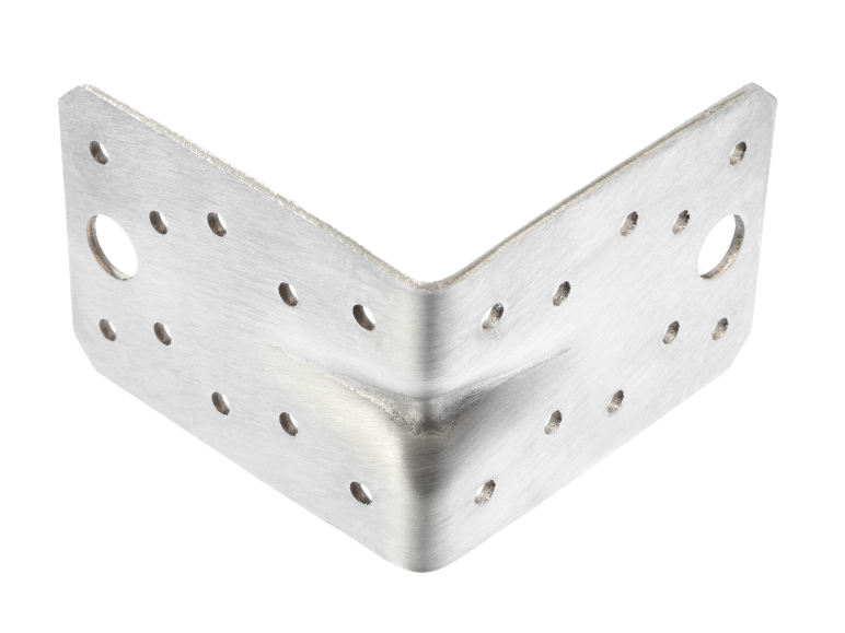 Metal corner bracket for furniture or construction, with numerous screw holes.