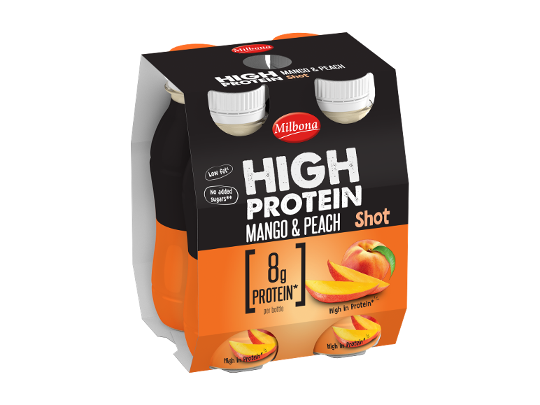 Pack of 4 mango & peach protein shots, 8g protein per bottle, low fat, no added sugars.