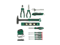 Tool set with screwdrivers, hammer, tape measure, pliers, and spirit level.