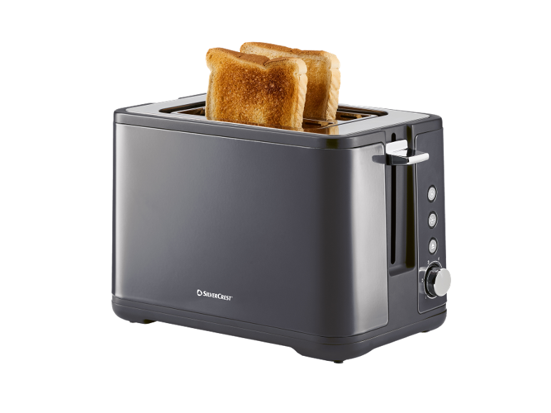 Dark toaster with two slices of toasted bread and controls