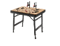 Foldable workbench with a perforated wooden top and various clamps.