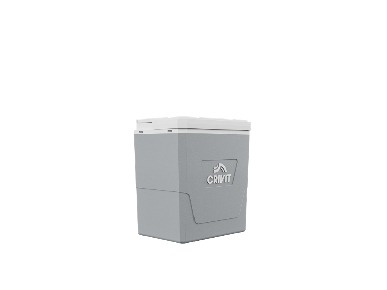 Light gray cooler box with a white lid and a logo on the front.