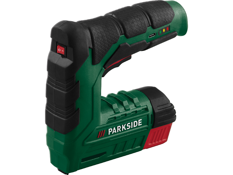 Green and black electric stapler with red accents and a power switch