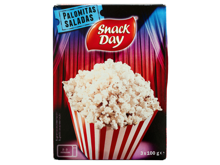 Box of salted popcorn with a cinema curtain background, suggesting 2-3 minutes preparation.