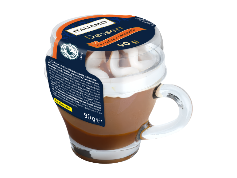 Italian chocolate and caramel dessert in a glass cup, 90g.