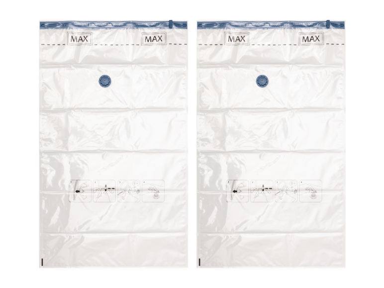 Two transparent vacuum storage bags with 'MAX' indicators and instructions.