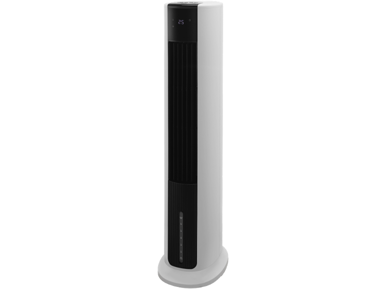 White and black evaporative air cooler with a digital display showing 25 and indicators.