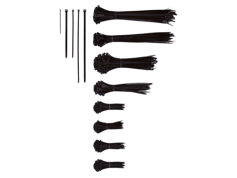 Various packs of black cable ties in different sizes, with individual ties on the left.
