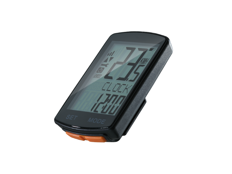 Digital bicycle computer with a display showing speed, time, and other data.