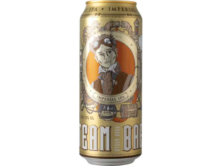 Imperial IPA beer can with a steampunk illustration of a person wearing goggles.