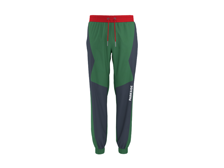 Sports trousers with a red waistband, green and dark grey panels, and text on the leg.