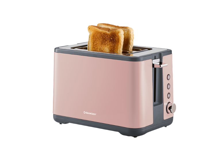 Pink toaster with two slices of golden-brown toast, on a black background.