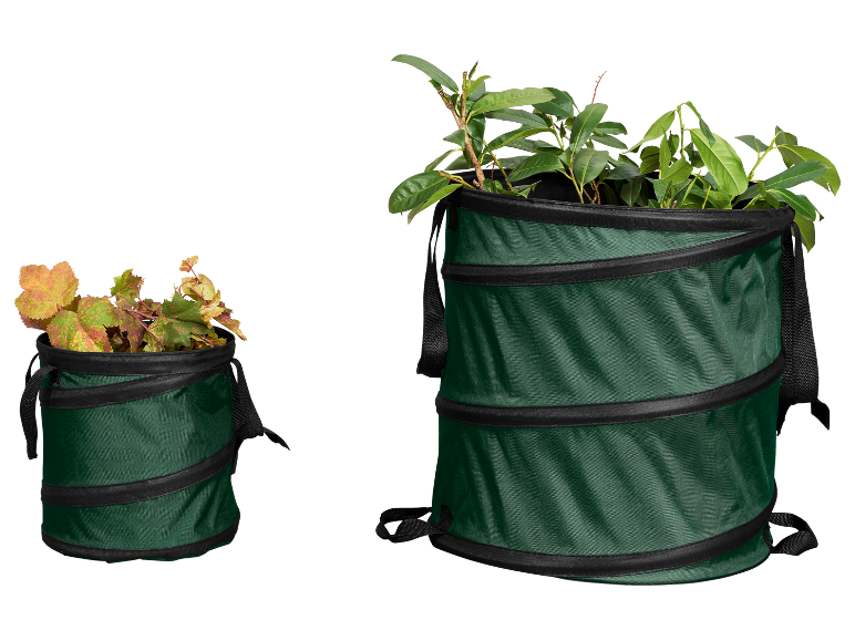 Two green foldable garden waste bins, one small with autumn leaves and one large with green plants.