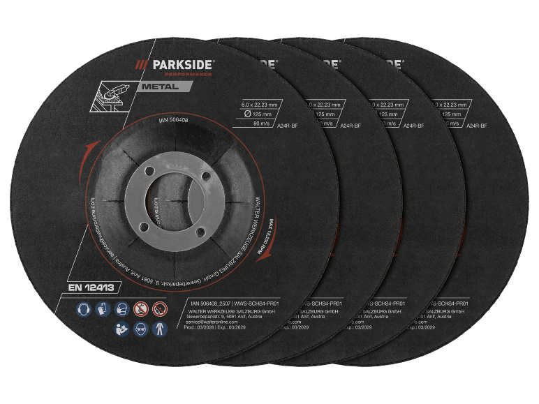 Black metal cutting discs with red and white details, stacked.