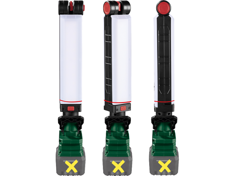 Three cordless LED work lights with batteries, viewed from different angles.