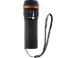 Black flashlight with zoom function and wrist strap