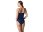 Women's dark blue ribbed one-piece swimsuit with thin straps.