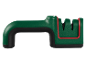 Green knife sharpener with a black handle and red accents.