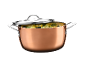 Copper pot with a metal lid, filled with diced vegetables