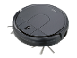 Dark gray round robotic vacuum cleaner with side brushes and a power button.