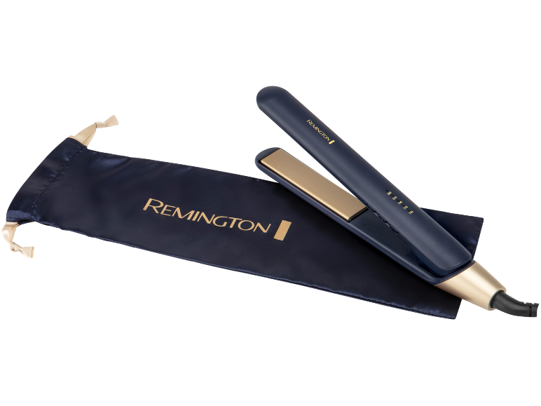 Dark blue hair straightener with gold accents and a matching pouch.