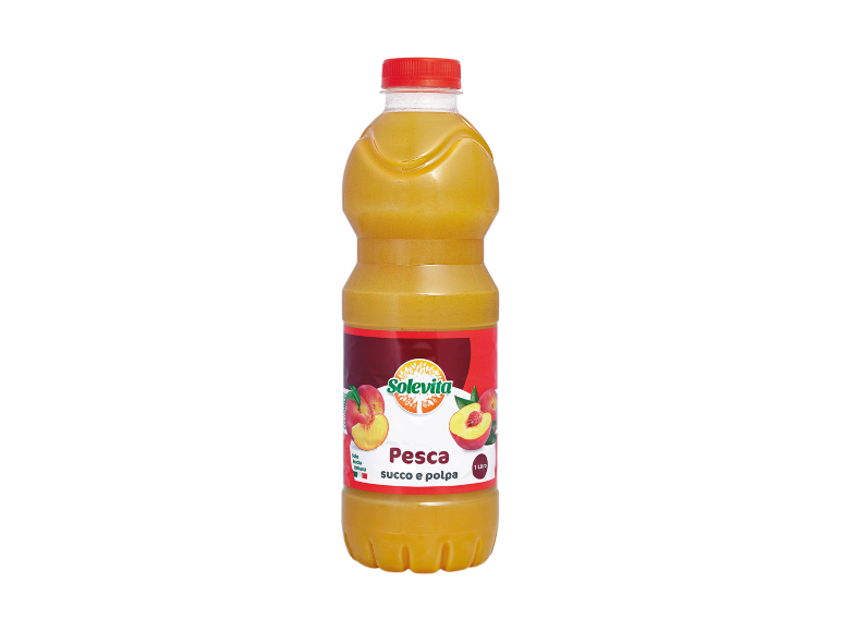 Bottle of peach juice with pulp, with a red label showing peaches.