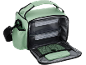 Green lunch bag with two food containers and a mesh compartment.
