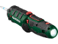Green and black electric screwdriver with LED light and bit, featuring red buttons.