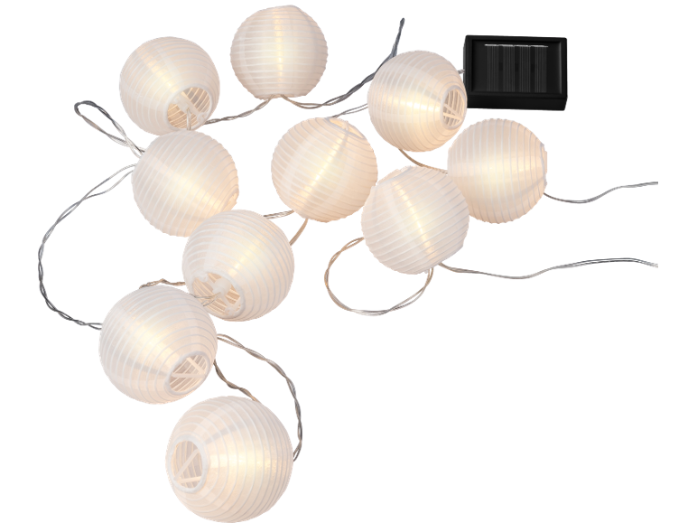 Solar string lights with white round lanterns on a black background.