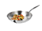 Stainless steel frying pan with roasted fish and vegetables.