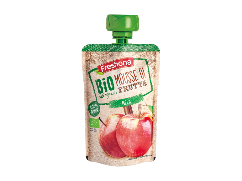 Organic apple puree in a pouch, with text '100% fruit' and 'Mela' (apple).