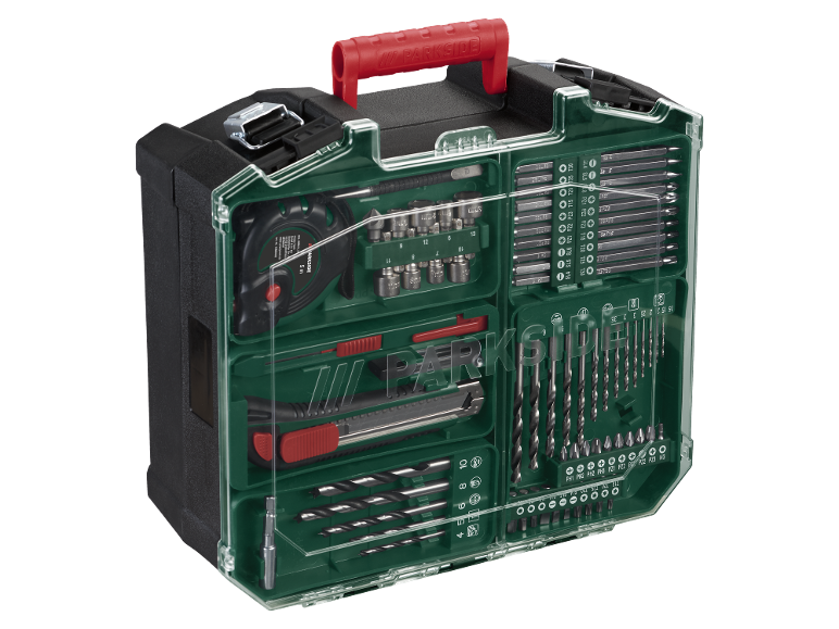 A comprehensive drill and bit set in a transparent green and black case, including a tape measure.