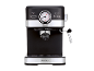 Black espresso machine with silver accents and a pressure gauge