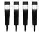 Four black solar-powered garden path lights with illuminated tops.